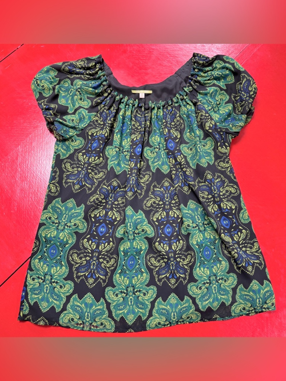 GIANNI BINI BLACK BLUE GREEN SHORT POOF SLEEVES PAISLEY DESIGN